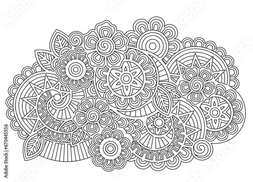 Vector abstract mandala pattern with flowers in a doodle style. Anti-stress coloring book page for adults