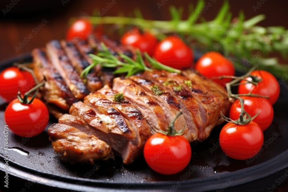 a close view of grilled duck with cherry tomatoes around