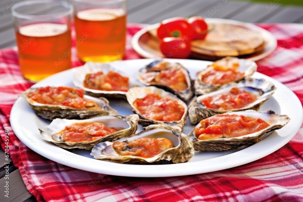 grilled oysters on a plate with a red and white napkin grilled oysters on a plate with a red and white napkin