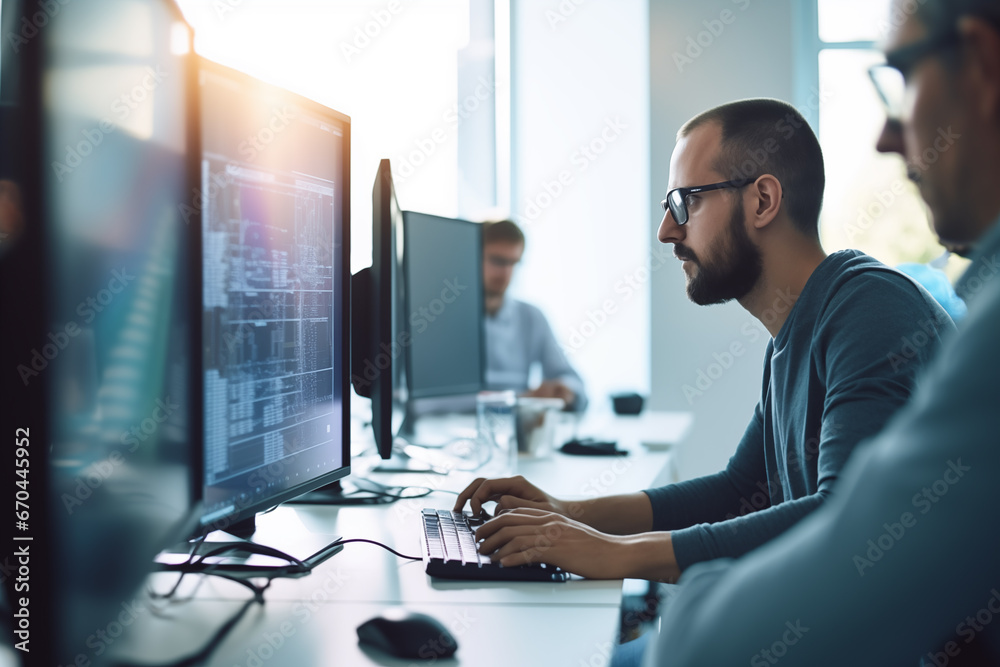 Man at computer, software developer working on coding script or cyber security in bright modern office - obrazy, fototapety, plakaty 