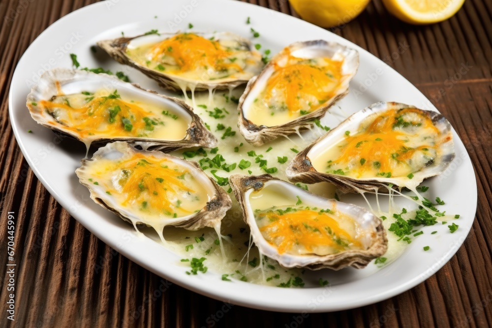 grilled oysters topped with roasted garlic and herbs