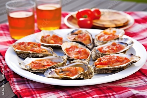 grilled oysters on a plate with a red and white napkin