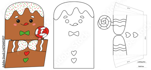 Christmas paper pocket with gingerbread for advent calendar. Coloring page for kids creativity