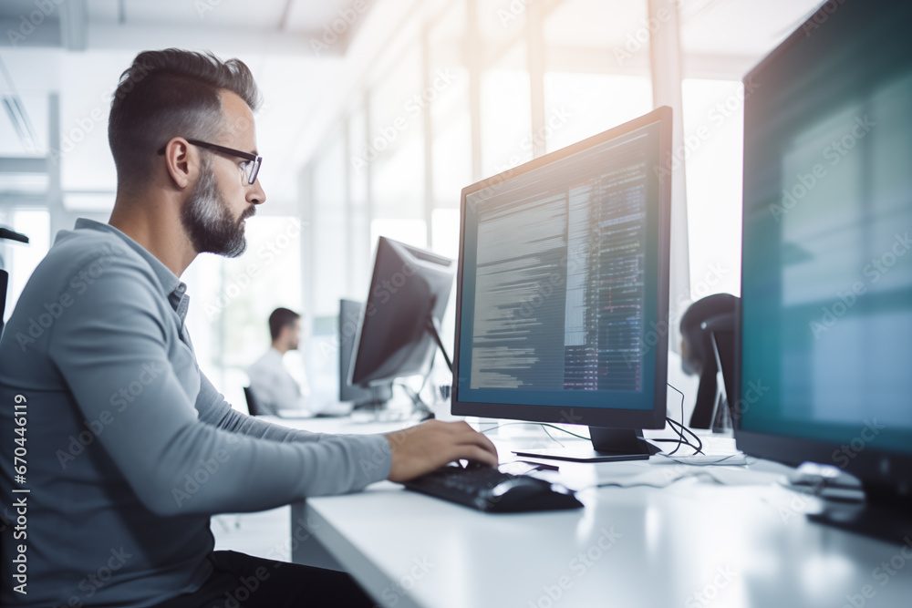 Man at computer, software developer working on coding script or cyber security in bright modern office