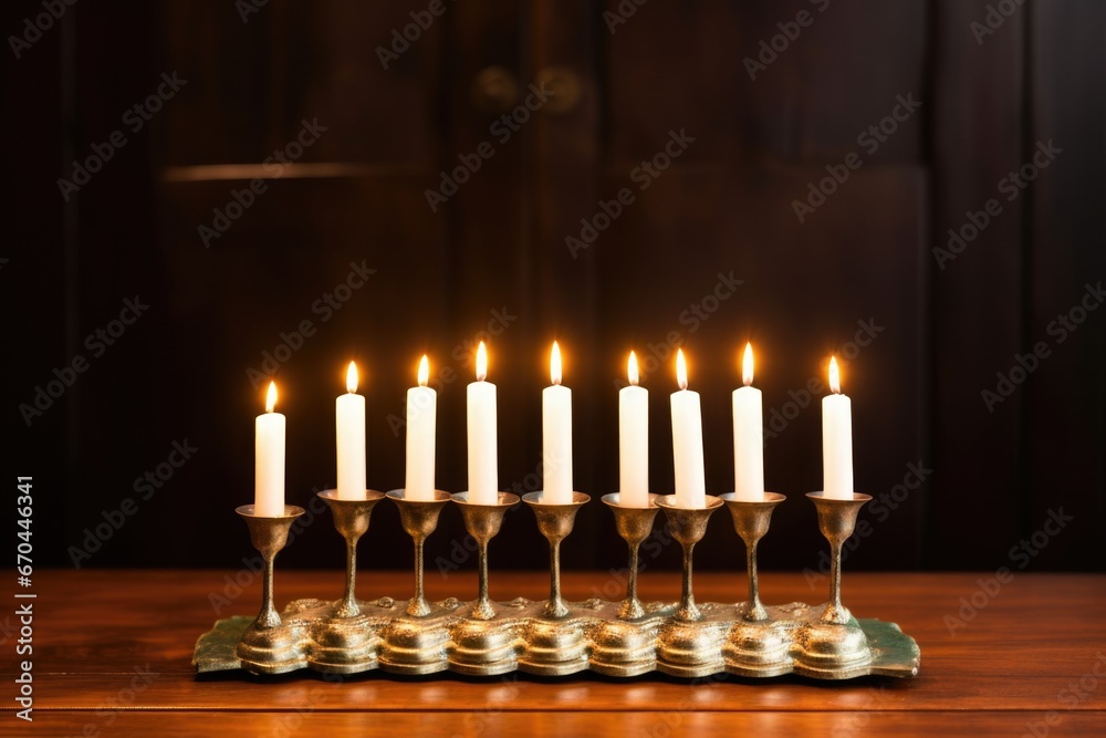 menorah with burning candles placed on a wooden table menorah with burning candles placed on a wooden table