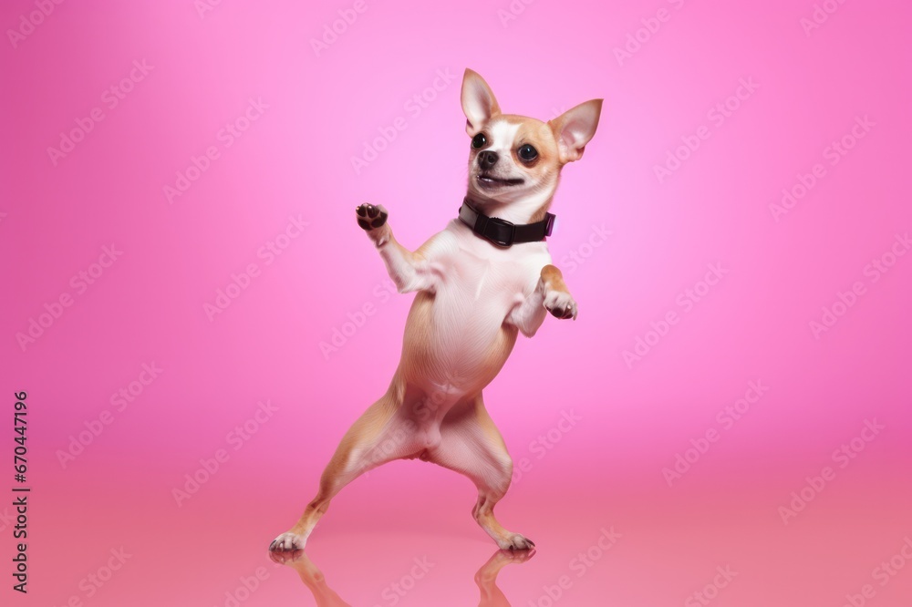 funny chihuahua dog dancing on pink background