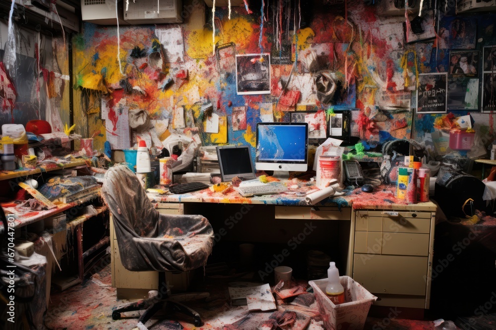 Terrible mess in the artist's workshop or office. Clutter in the  workplace. Messy work environment, stressful business. - obrazy, fototapety, plakaty 