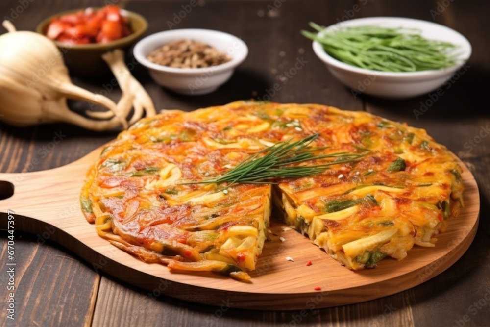 a cooked kimchi pancake into portions on a board a cooked kimchi pancake into portions on a board
