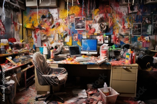 Terrible mess in the artist's workshop or office. Clutter in the  workplace. Messy work environment, stressful business. photo