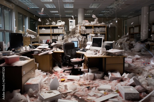 Terrible mess in the office. Clutter in the  workplace. Messy work environment, stressful business. photo