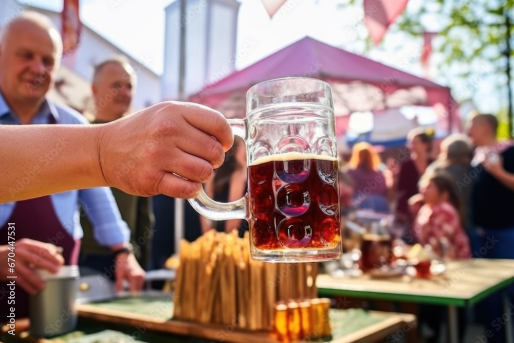 hand serving a mug of kvass, outdoor fair in the background - obrazy, fototapety, plakaty 