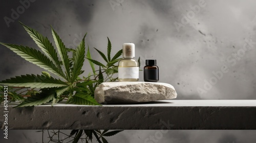 CBD serum glass jars mockup with hemp green leaves  on concrete podium