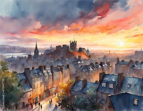 Watercolor painting of Edinburgh, Scotland at sunset