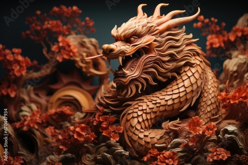 Chinese wooden dragon with flowers Chinese New Year © Alina Zavhorodnii