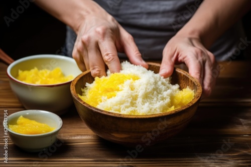 hand preparing to spoon from a bowl of mango sticky rice