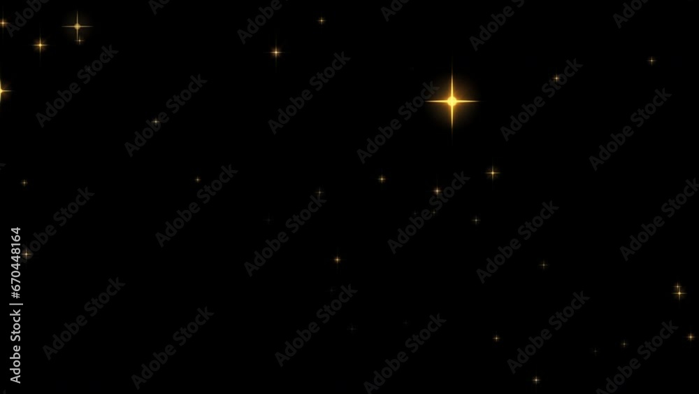 Beautiful gold sparkles, Christmas stars burst, light particles exploding transition on black background.