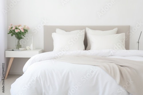 a neatly made bed in a calming room