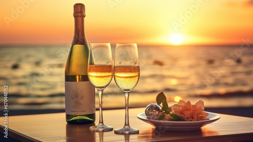 Romantic luxury evening on cruise yacht with champagne