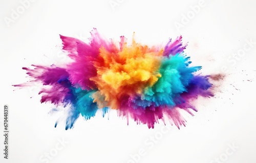 An explosion of multi-coloured holi colours on a white background
