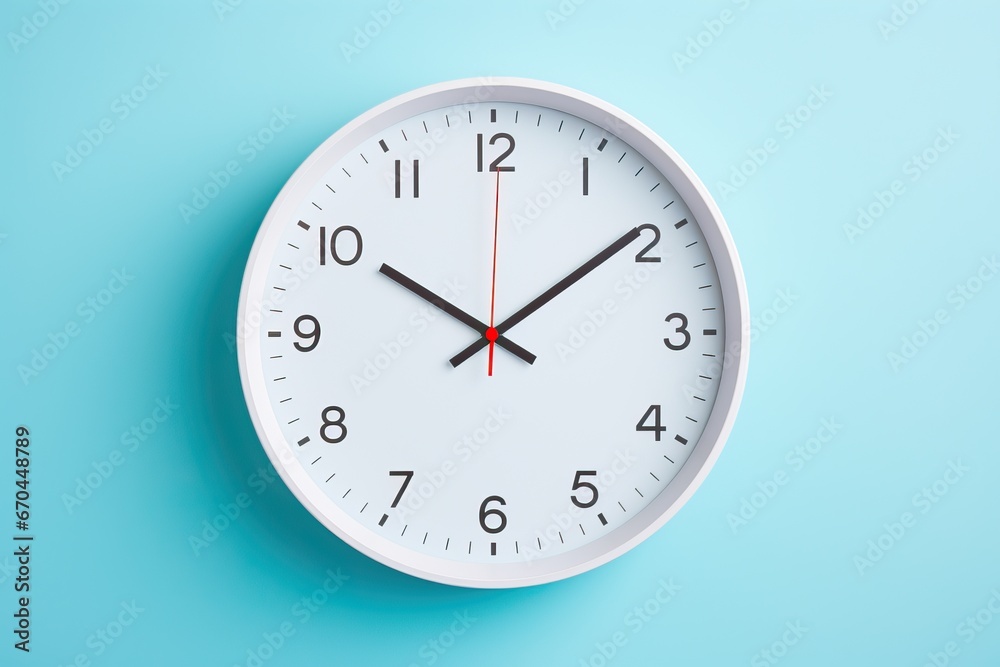Closeup white wall clock set on light pink background. White wall clock hanging on the wall. Minimalist flat lay image of plastic wall clock over blue background. Copy space and central composition. Closeup white wall clock set on light pink background. White wall clock hanging on the wall. Minimalist flat lay image of plastic wall clock over blue background. Copy space and central composition.
