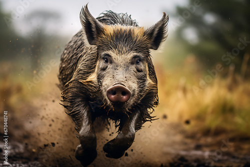 wild hog running in nature with motion blurred background, hog, animal, wildlife, forrest animal photo