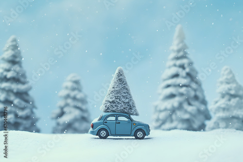 Cute miniature car in christmas snowing background © Elena