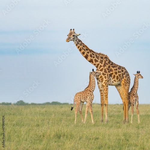 a giraffes family standing in an open field