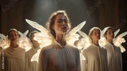 A heavenly choir of angels, their voices singing hymns of praise. Ethereal, divine, celestial chorus, reverent, spiritual, uplifting. Generated by AI.