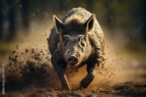 wild hog running in nature with motion blurred background, hog, animal, wildlife, forrest animal