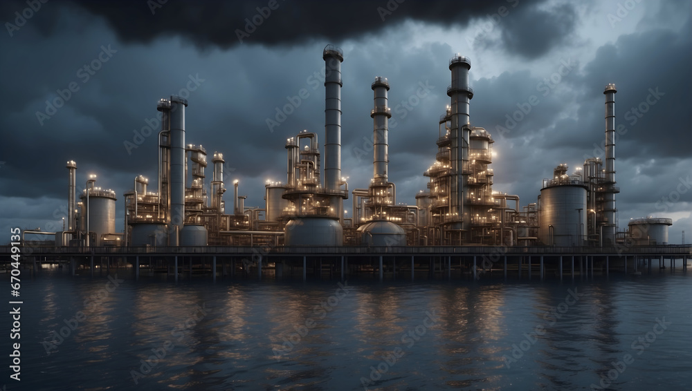 oil refinery in the Pacific ocean, stormy sky with clouds above