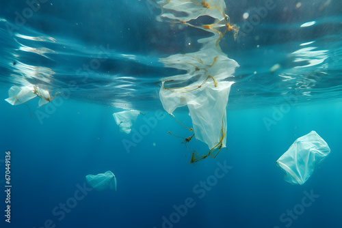 Plastic pollution concept. Pastic bags swimming in ocean