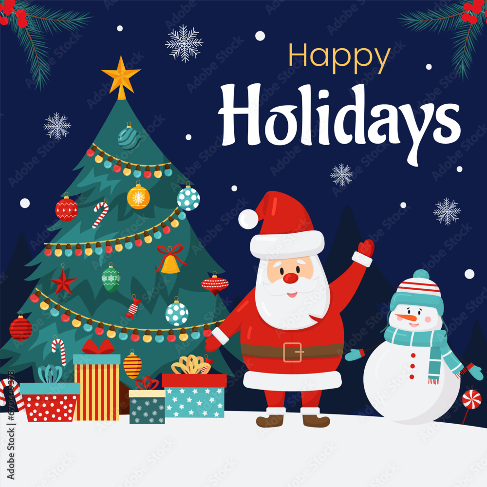 Vector merry Christmas and New Year poster, greeting card template. Invitation on Christmas party. Christmas tree, santa Claus, gift boxes, snowman on blue background. Flyer for holiday event.