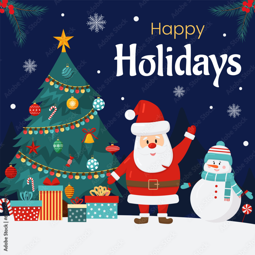 Vector merry Christmas and New Year poster, greeting card template. Invitation on Christmas party. Christmas tree, santa Claus, gift boxes, snowman on blue background. Flyer for holiday event. Vector merry Christmas and New Year poster, greeting card template. Invitation on Christmas party. Christmas tree, santa Claus, gift boxes, snowman on blue background. Flyer for holiday event.