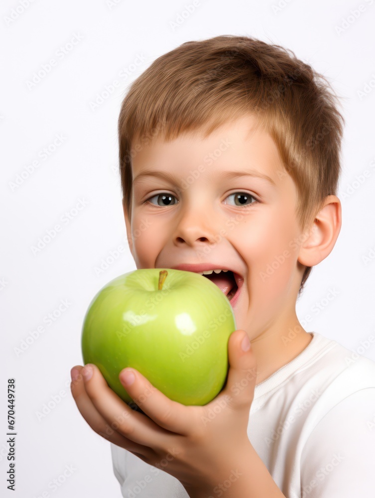 happy Child with ideal teeth eating green apple. Little Handsome Boy with Health food. advertising of dentistry and healthy lifestyle happy Child with ideal teeth eating green apple. Little Handsome Boy with Health food. advertising of dentistry and healthy lifestyle