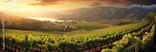 A vibrant vineyard with meticulously aligned rows of grapevines. Lush, vineyard landscape, winemaking, agricultural bounty, greenery, abundant harvest, scenic beauty. Generated by AI.