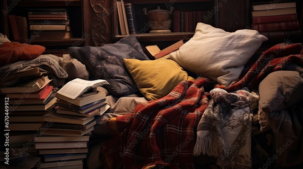 An inviting reading nook with a delightful pile of blankets and cushions. Cozy, relaxation, book lovers, plush, warm, comfort, literary escape. Generated by AI. - obrazy, fototapety, plakaty 