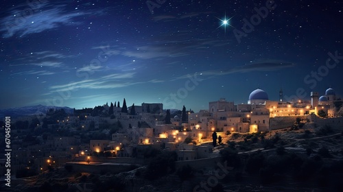 Foto Celestial enchantment, Bethlehem skyline, guiding star, Christmas magic, divine radiance, spirituality