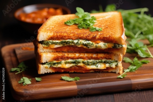 layering paneer butter masala in a buttered sandwich photo