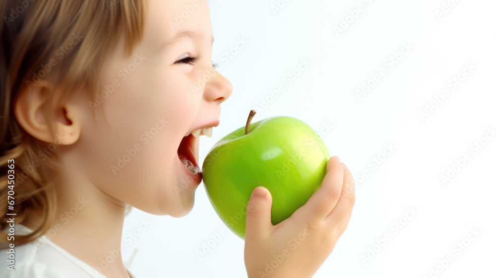 happy Child with ideal teeth eating green apple. Little Handsome girl with Health food. advertising of dentistry and healthy lifestyle happy Child with ideal teeth eating green apple. Little Handsome girl with Health food. advertising of dentistry and healthy lifestyle