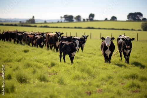 a herd of cows meandering with calves in a grassy field