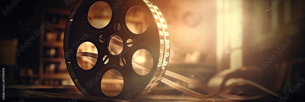 Retro cinematography, old-fashioned film, classic movie reel, sentimental atmosphere, yesteryears' cinema, historic motion picture. Transport back in time with this vintage relic. Generated by AI. - obrazy, fototapety, plakaty 