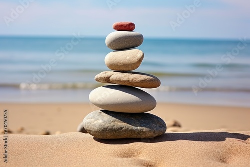 a balanced arrangement of stones on a sandy beach