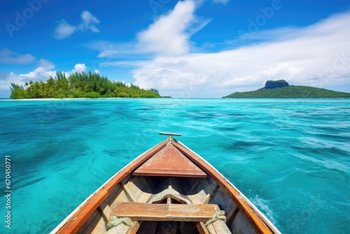 a small wooden boat heading towards a tropical island in the ocean