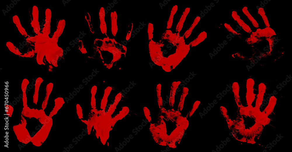 Fototapeta premium Set/collection of bloody hand print isolated on black background. Royalty high-quality free stock photo image of Horror scary blood dirty handprint and fingerprint overlay on black backgrounds 