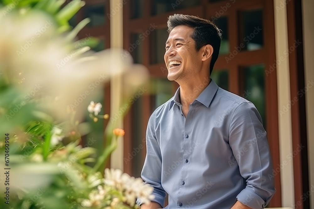 Portrait of a handsome asian man laughing and looking at the camera - obrazy, fototapety, plakaty 