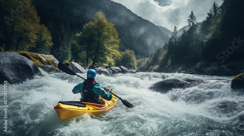 whitewater kayaking, down a white water rapid river in the mountains