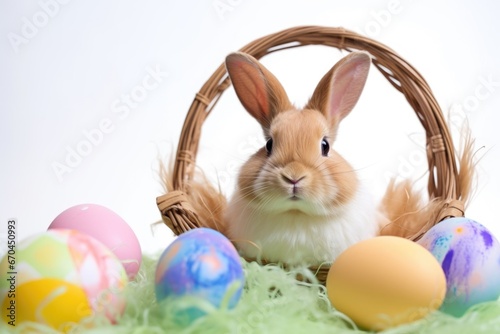 bunny rabbit by a pastel-colored easter egg basket