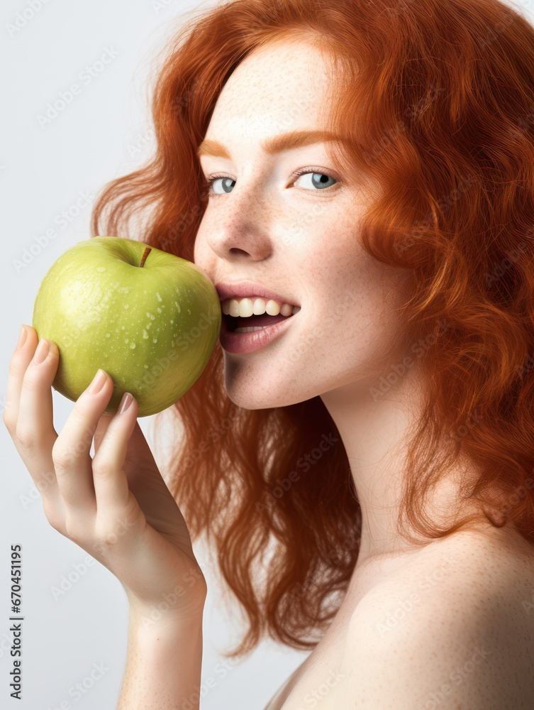 Beautiful red-haired woman eating a green apple in the studio on white background. female smile after teeth whitening procedure. Dental care. Dentistry and healthy lifestyle concept. Beautiful red-haired woman eating a green apple in the studio on white background. female smile after teeth whitening procedure. Dental care. Dentistry and healthy lifestyle concept.