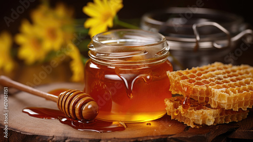 A jar with honey on a wooden stand with honeycomb pieces on a background of flowers