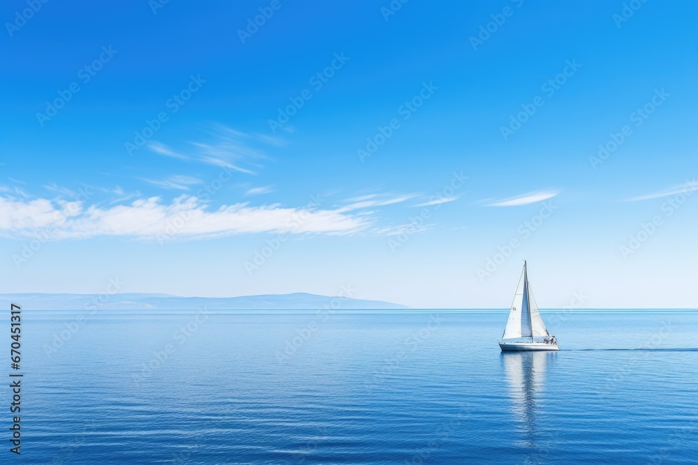 a yacht sailing into the horizon on a calm blue sea